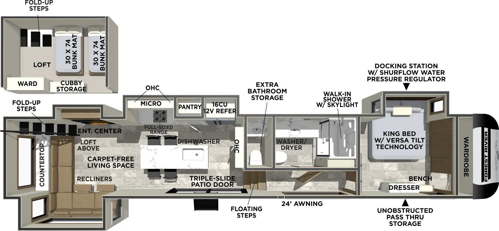 The Impression 44STAY floorplan has one entry and four slide outs. Exterior features include: fiberglass exterior and 24' awning. Interiors features include: loft, kitchen island, front bedroom, rear living and bathroom and a half.